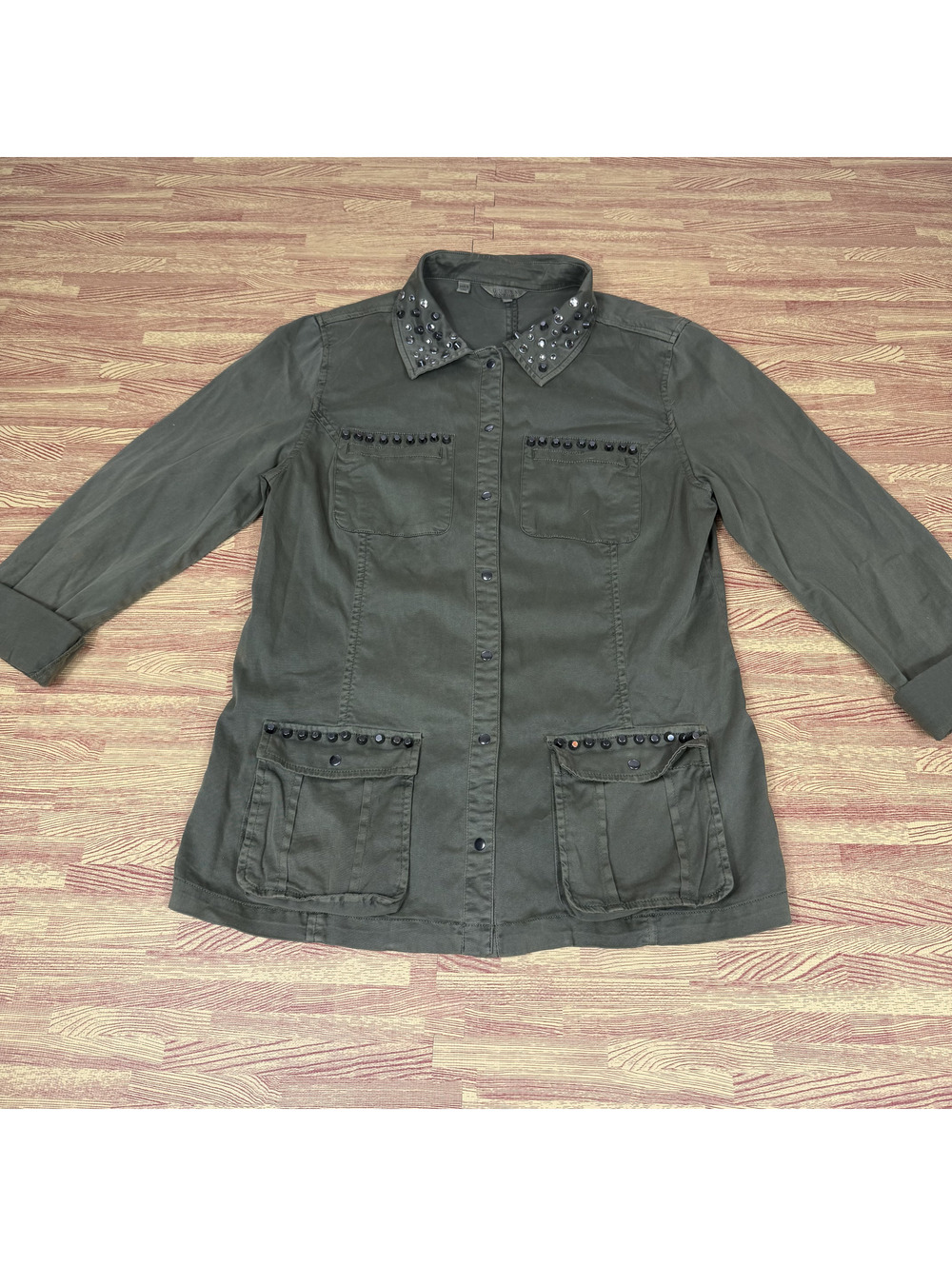 GUESS Womens Utility Jacket Small Olive Green Studded Military Shacket